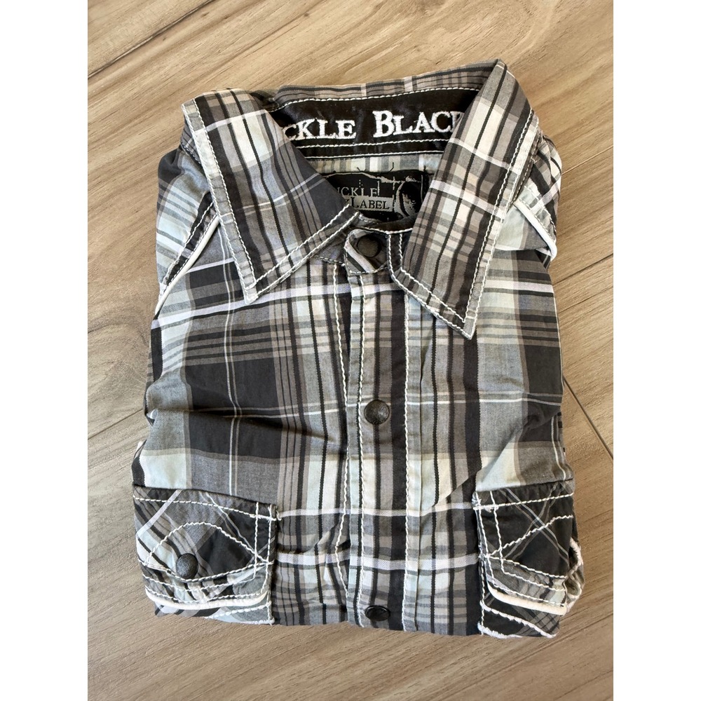 Buckle Black Label Mens Athletic Fit Plaid Snap Button Shirt Grey Black Medium